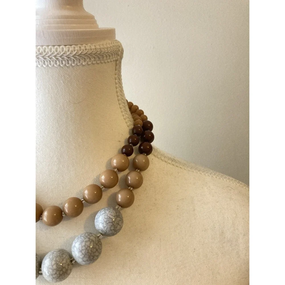 Double Strand Collar Necklace Brown Tan Gray Marbled Beads‎ Chunky Statement